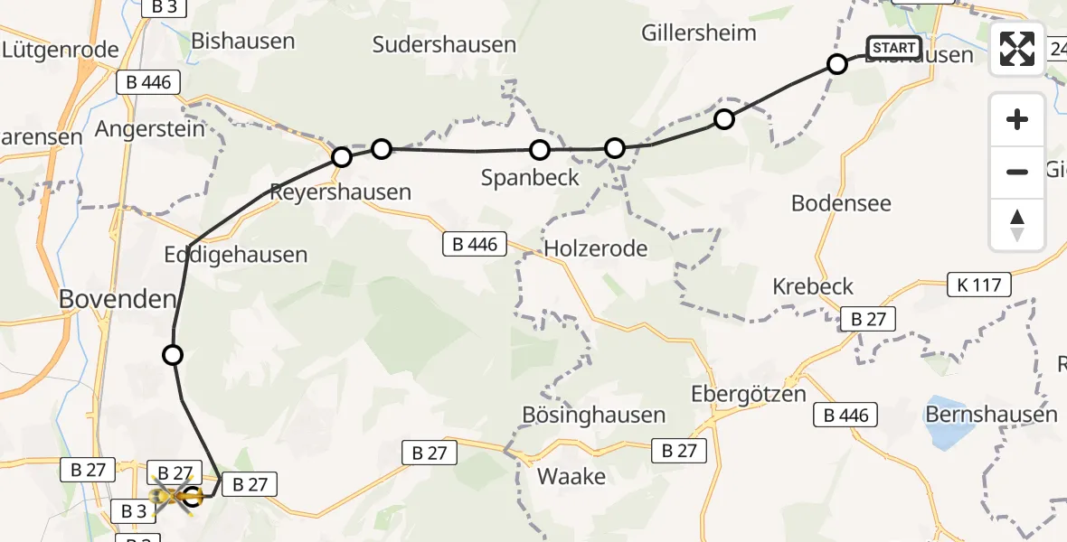 Routekaart van de vlucht: Rettungshubschrauber nach Göttingen University Clinic Hubschrauberlandeplatz