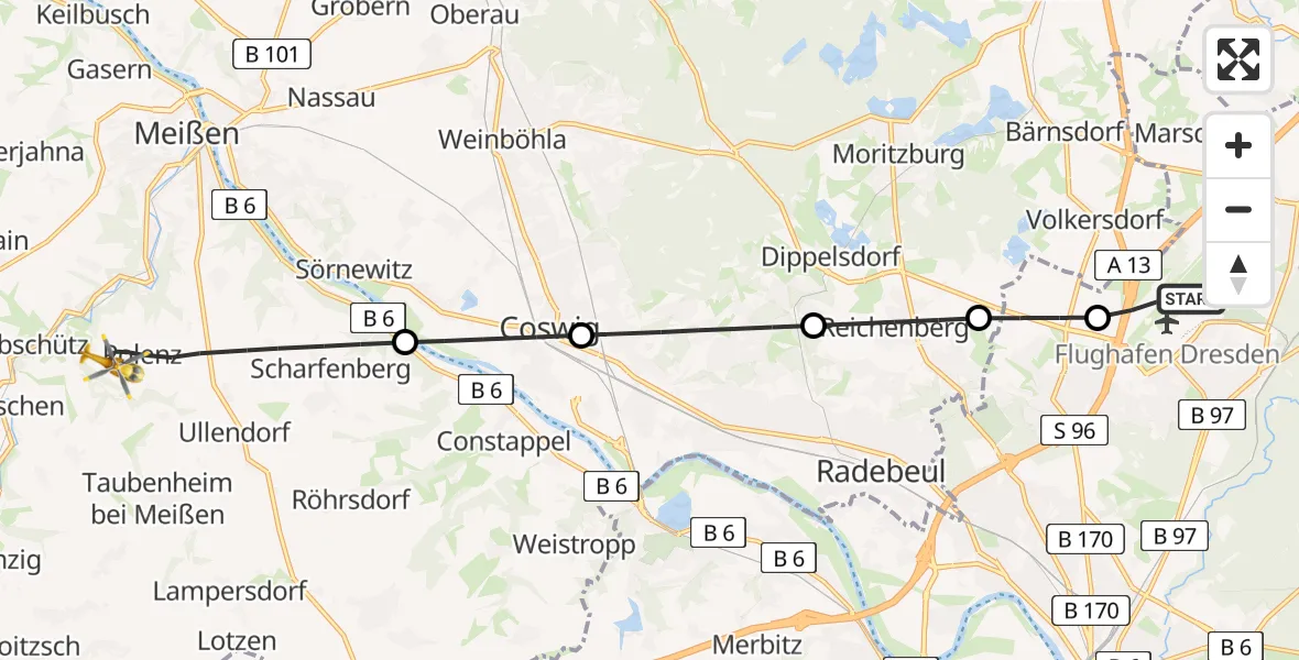 Flugroute Rettungshubschrauber Dresden Flughafen - Klipphausen, 28 März 2026, 15:07