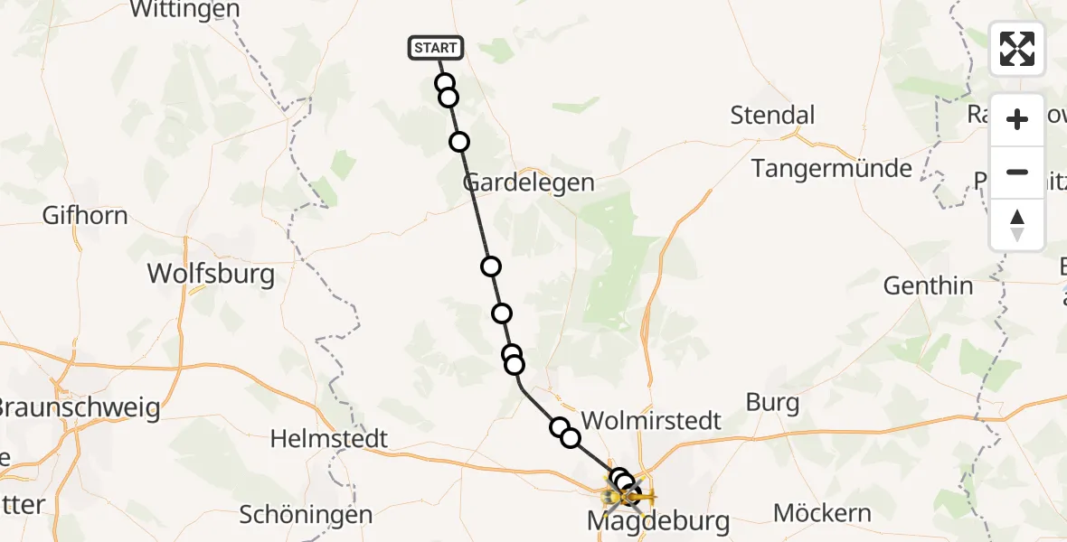 Flugroute Ambulanzhubschrauber Klötze - Magdeburg Hospital, 28 März 2026, 15:10