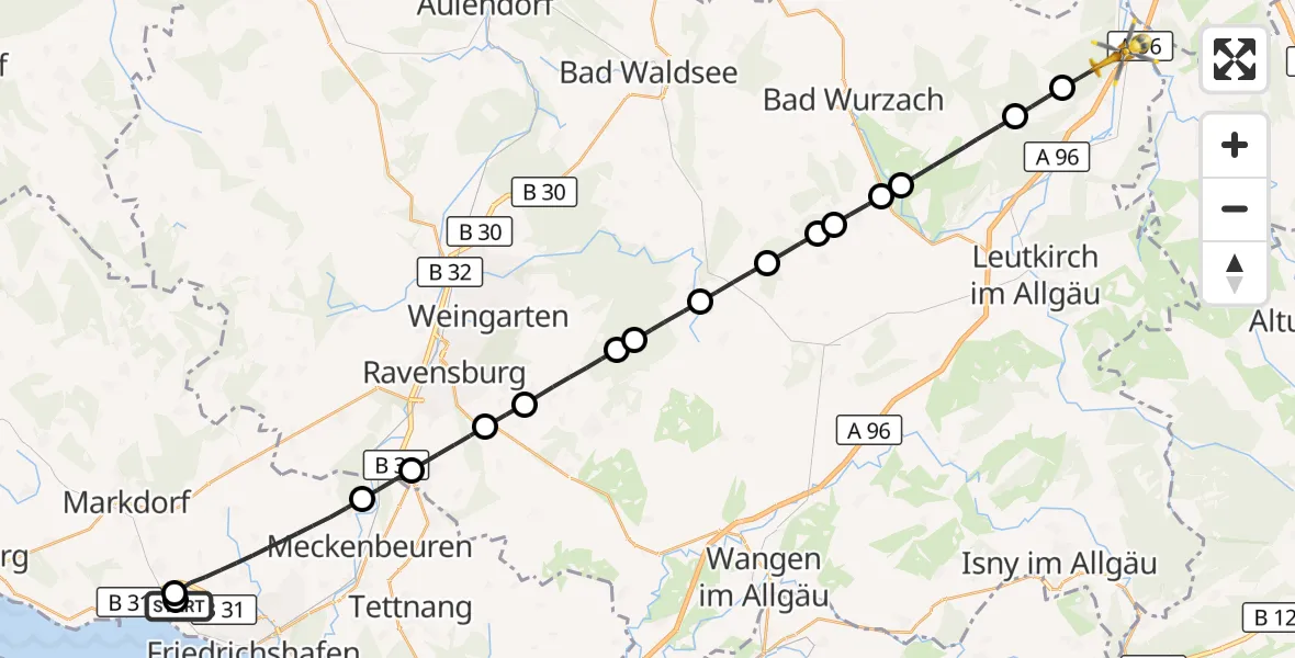 Flugroute Rettungshubschrauber Friedrichshafen Hospital - Aitrach, 28 März 2026, 15:25