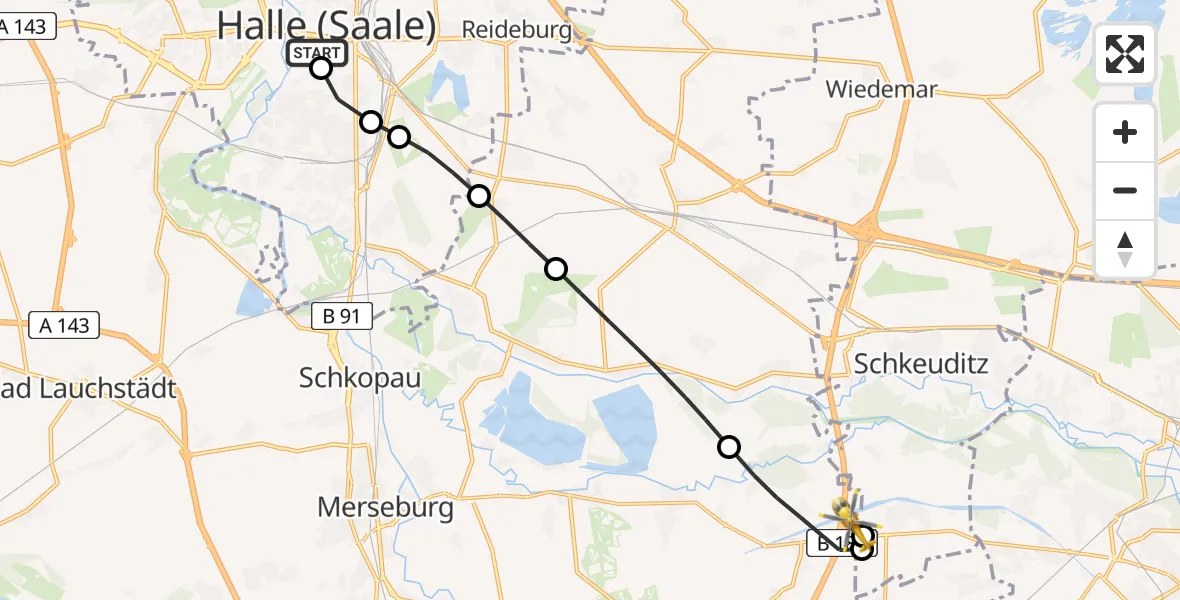 Routekaart van de vlucht: Rettungshubschrauber nach ADAC Air Rescue Station Leipzig/Schkeuditz-Dölzig Hubschrauberlandeplatz (Christoph 61)
