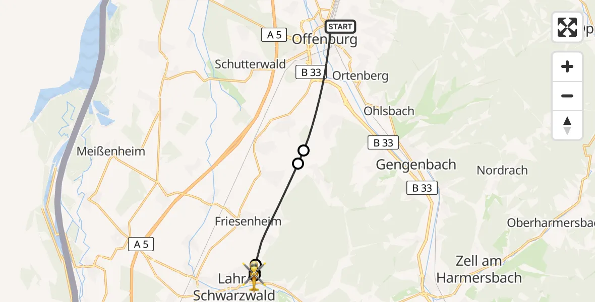 Routekaart van de vlucht: Ambulanzhubschrauber nach Ortenau Hospital Lahr-Ettenheim
