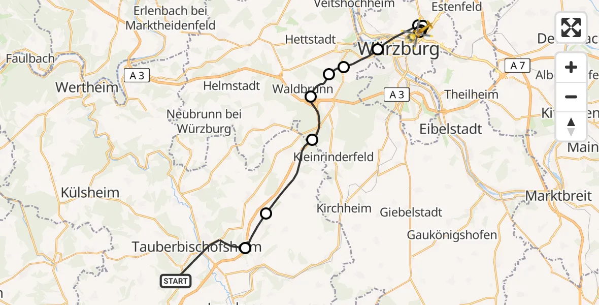 Routekaart van de vlucht: Rettungshubschrauber nach Würzburg University Hospital Rooftop