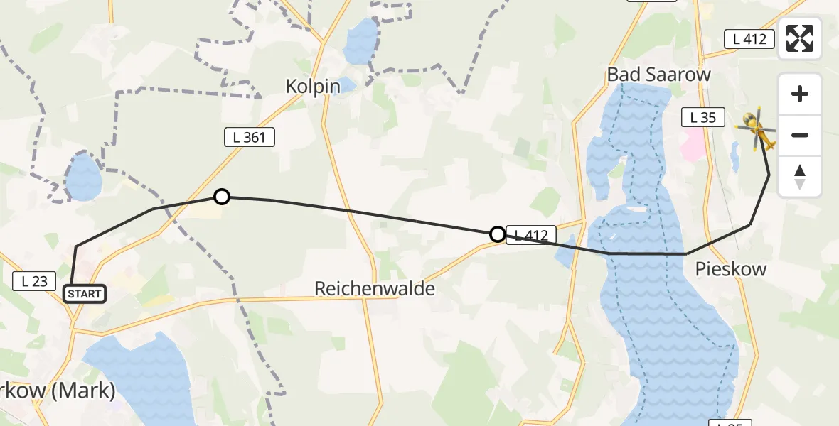 Flugroute Rettungshubschrauber Storkow (Mark) - Bad Saarow, 28 März 2026, 15:40