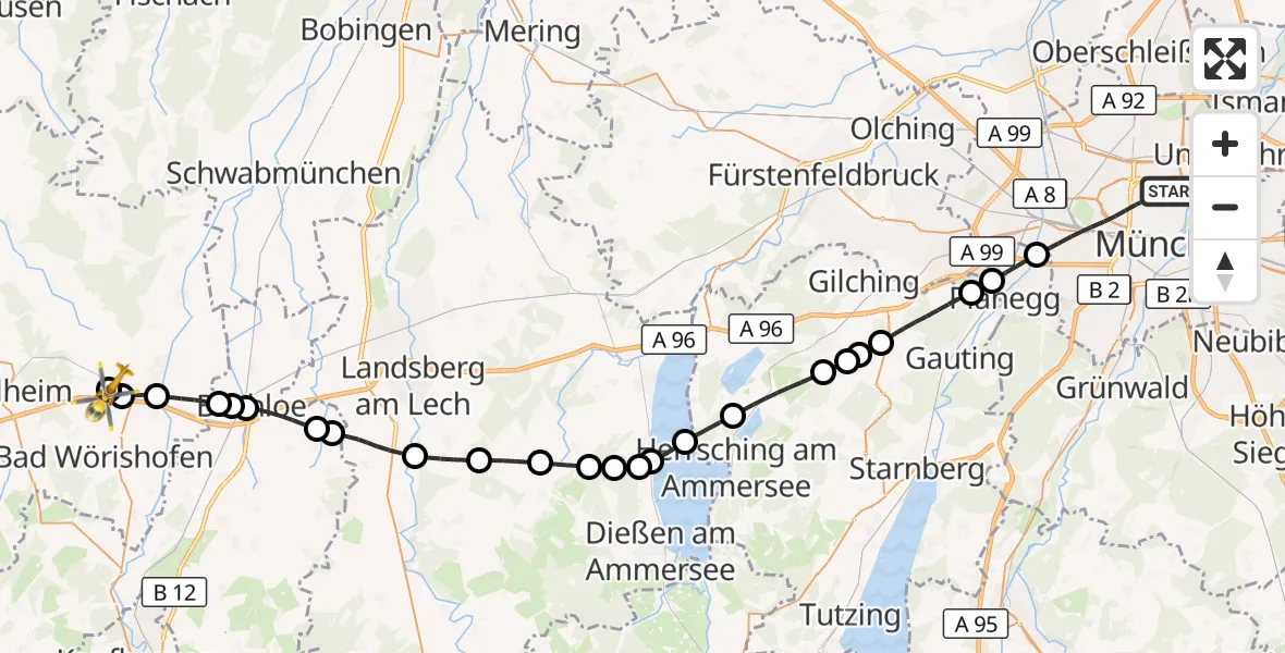 Flugroute Rettungshubschrauber München - Rammingen, 28 März 2026, 15:41