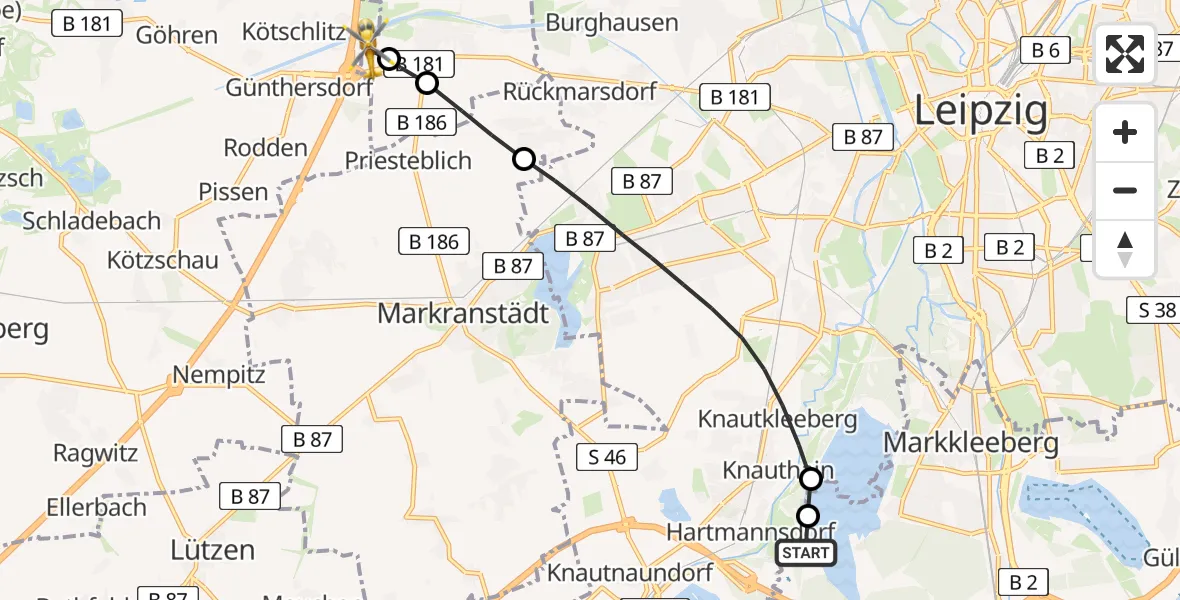 Routekaart van de vlucht: Rettungshubschrauber nach ADAC Air Rescue Station Leipzig/Schkeuditz-Dölzig Hubschrauberlandeplatz (Christoph 61)