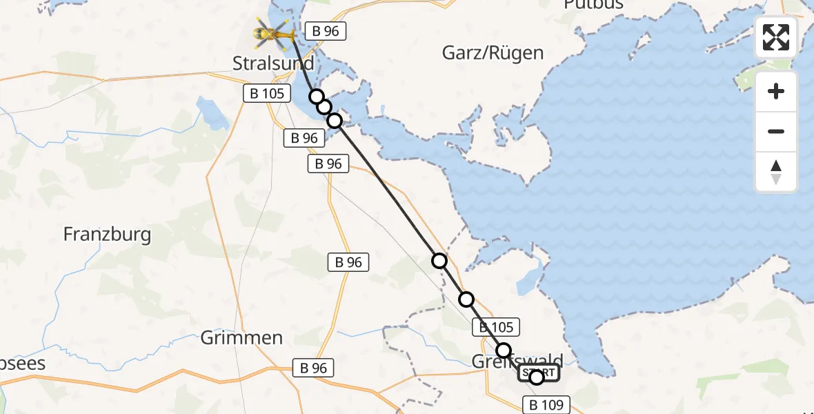 Flugroute Rettungshubschrauber Greifswald Hospital - Stralsund, 28 März 2026, 15:52