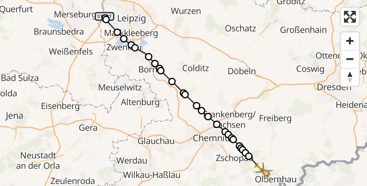 Flugroute Rettungshubschrauber ADAC Air Rescue Station Leipzig/Schkeuditz-Dölzig Hubschrauberlandeplatz (Christoph 61) - Pockau-Lengefeld, 28 März 2026, 15:54