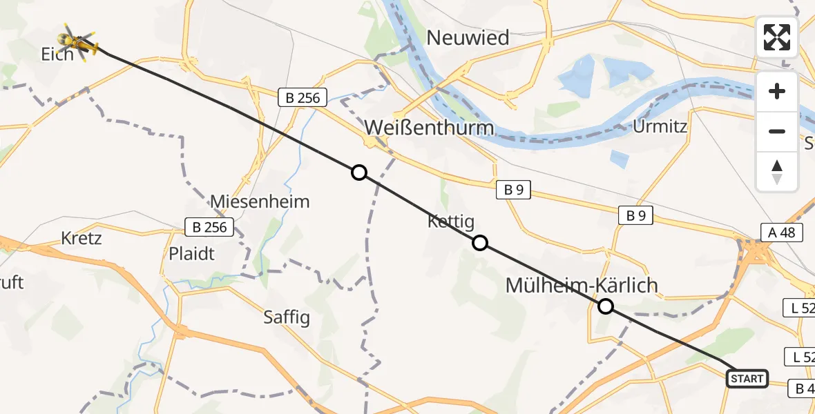 Flugroute Rettungshubschrauber Koblenz - Andernach, 28 März 2026, 16:00