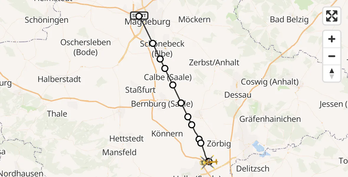 Flugroute Ambulanzhubschrauber Magdeburg Hospital - Halle-Oppin Flugplatz, 28 März 2026, 16:00