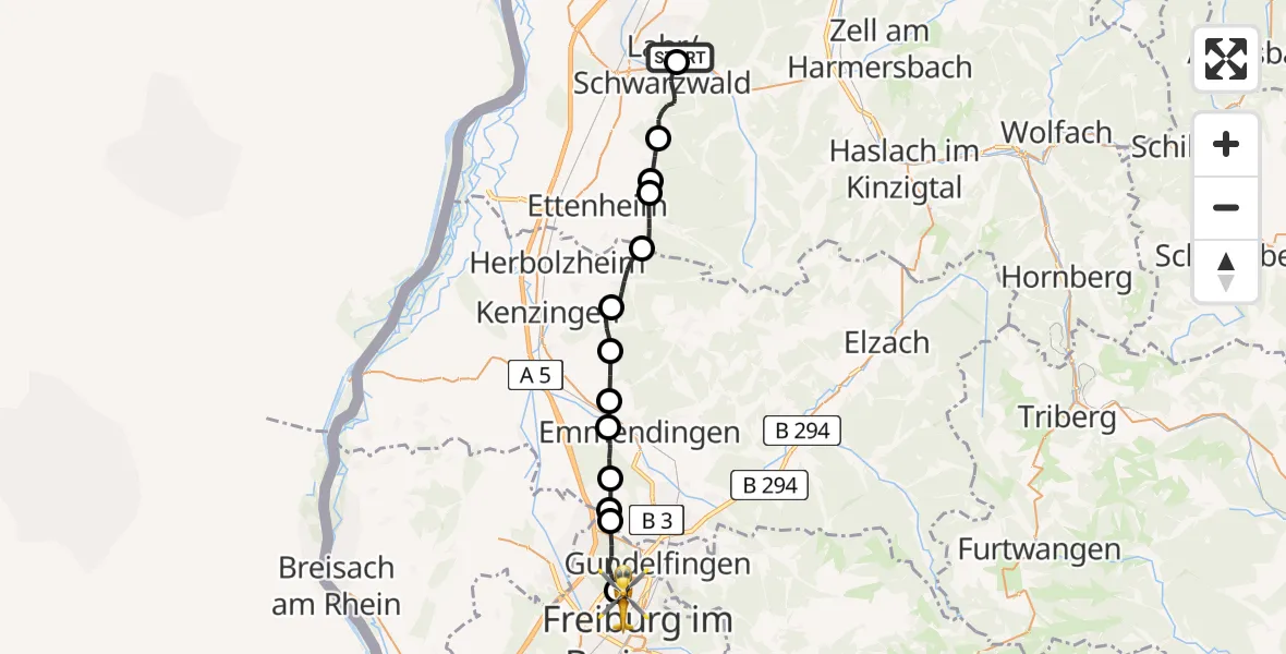 Routekaart van de vlucht: Ambulanzhubschrauber nach Freiburg im Breisgau Flugplatz