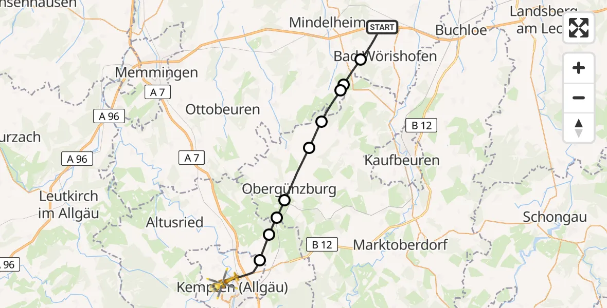 Routekaart van de vlucht: Rettungshubschrauber nach Kempten (Allgäu), Bischof-Freundorfer-Weg