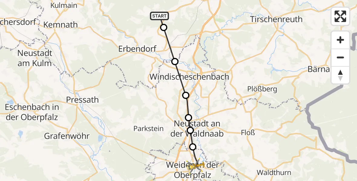 Routekaart van de vlucht: Rettungshubschrauber nach Weiden Hospital Hubschrauberlandeplatz