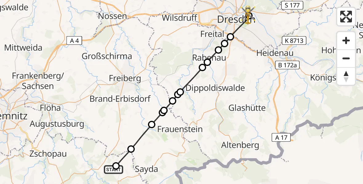 Flugroute Rettungshubschrauber Pockau-Lengefeld - Dresden University Hospital, 28 März 2026, 16:59