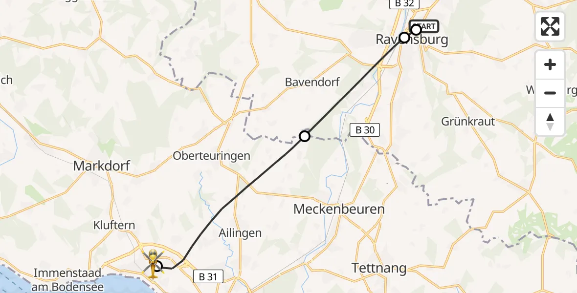 Flugroute Rettungshubschrauber Sankt Elisabeth Hospital - Friedrichshafen Hospital, 28 März 2026, 17:07