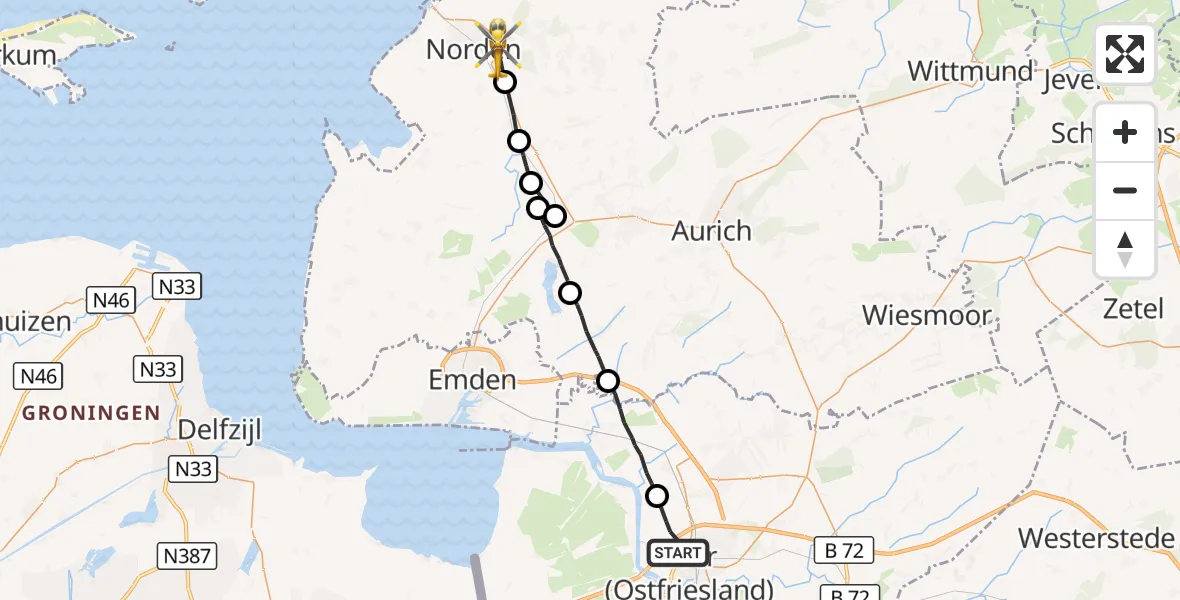 Flugroute Ambulanzhubschrauber Leer (Ostfriesland) - Norden, 28 März 2026, 17:13