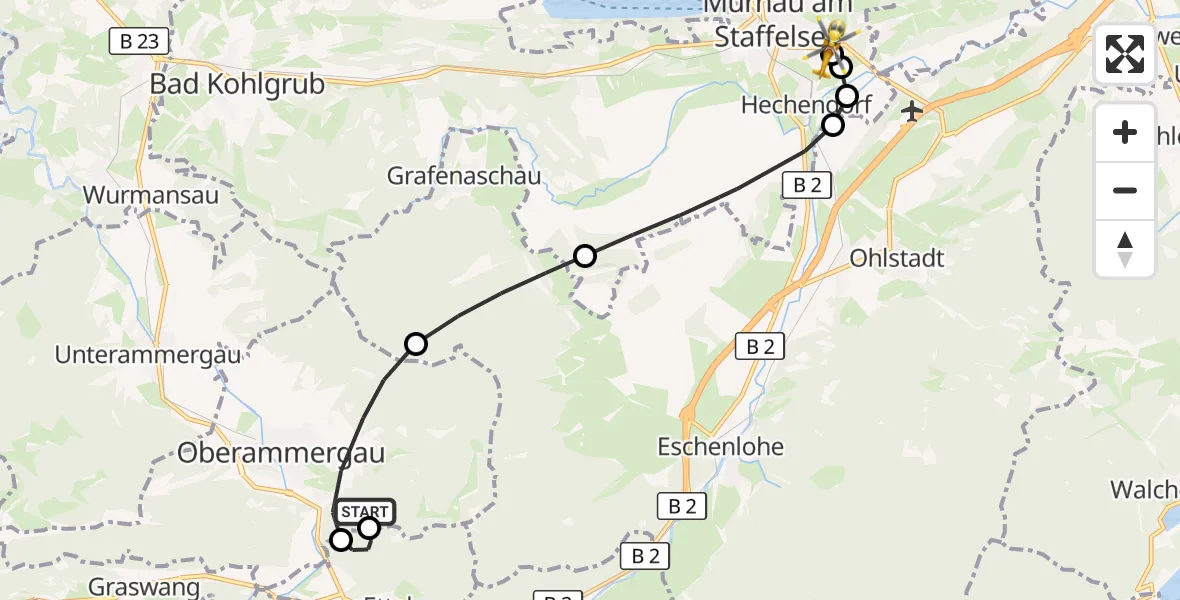 Flugroute Rettungshubschrauber Oberammergau - Murnau Accident Hospital, 28 März 2026, 17:14