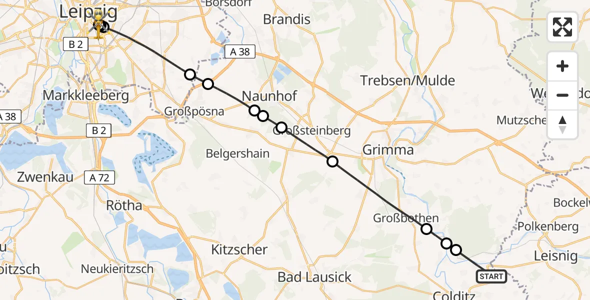 Routekaart van de vlucht: Rettungshubschrauber nach Leipzig University Hospital Heliport 1