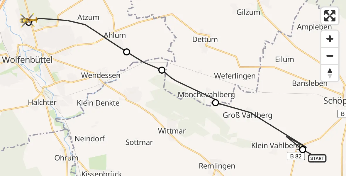 Routekaart van de vlucht: Rettungshubschrauber nach Wolfenbüttel Municipal Hospital Heliport (Christoph 30)