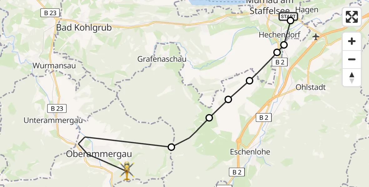 Flugroute Rettungshubschrauber Murnau Accident Hospital - Oberammergau, 28 März 2026, 17:27