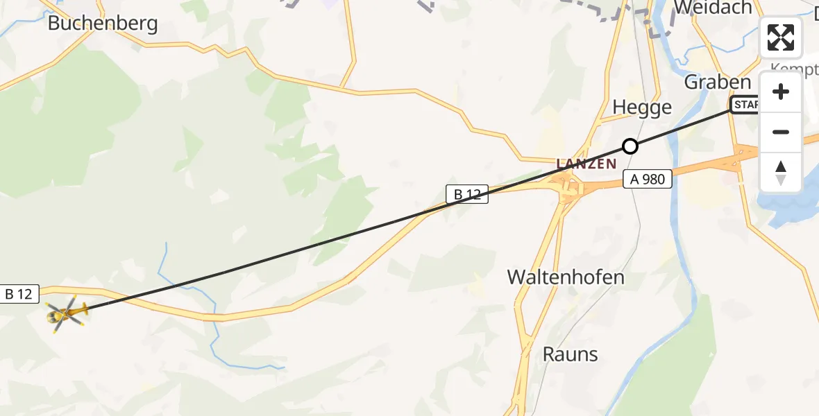 Flugroute Rettungshubschrauber Sulzberg - Waltenhofen, 28 März 2026, 17:27