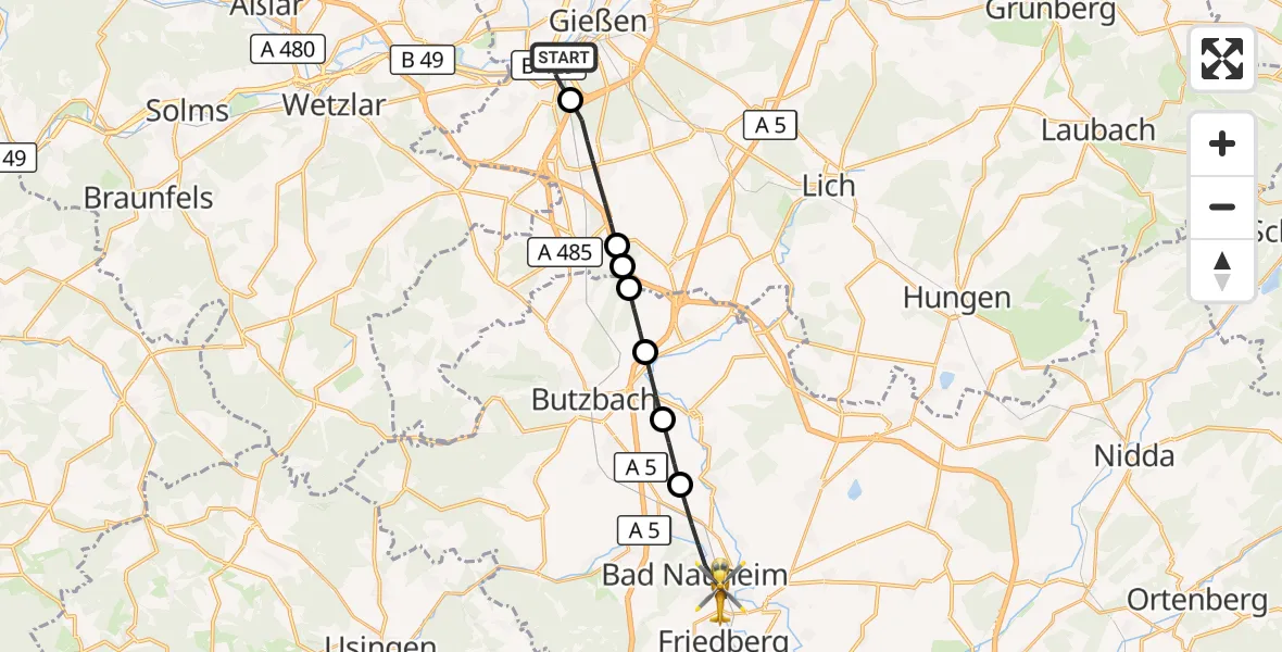 Flugroute Rettungshubschrauber Gießen - Bad Nauheim, 28 März 2026, 17:31
