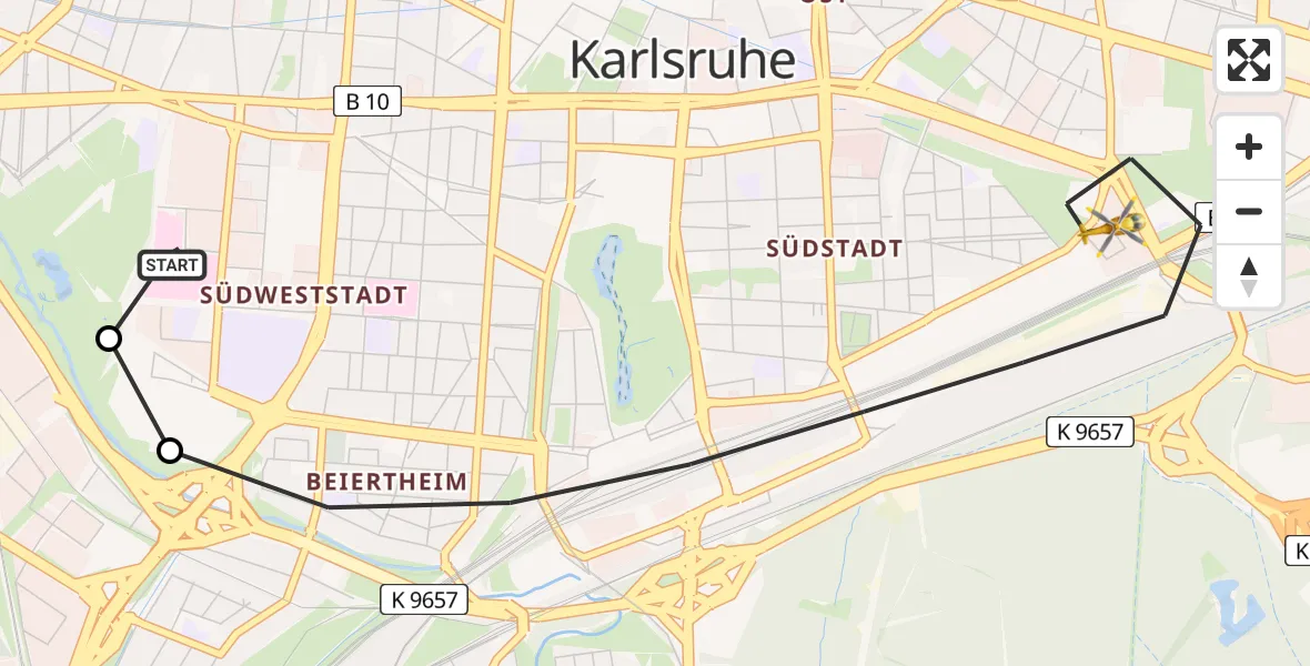 Routekaart van de vlucht: Rettungshubschrauber nach Karlsruhe, Zimmerstraße