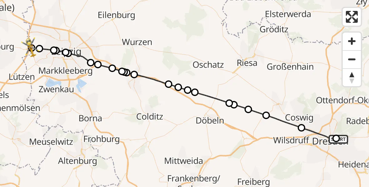 Flugroute Rettungshubschrauber Dresden University Hospital - ADAC Air Rescue Station Leipzig/Schkeuditz-Dölzig Hubschrauberlandeplatz (Christoph 61), 28 März 2026, 17:39
