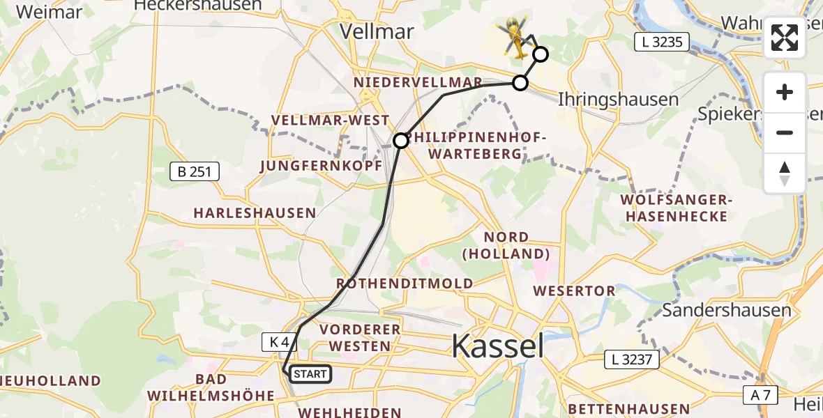 Flugroute Rettungshubschrauber Kassel - Fuldatal Bundespolizei Hubschrauberlandeplatz, 28 März 2026, 17:39