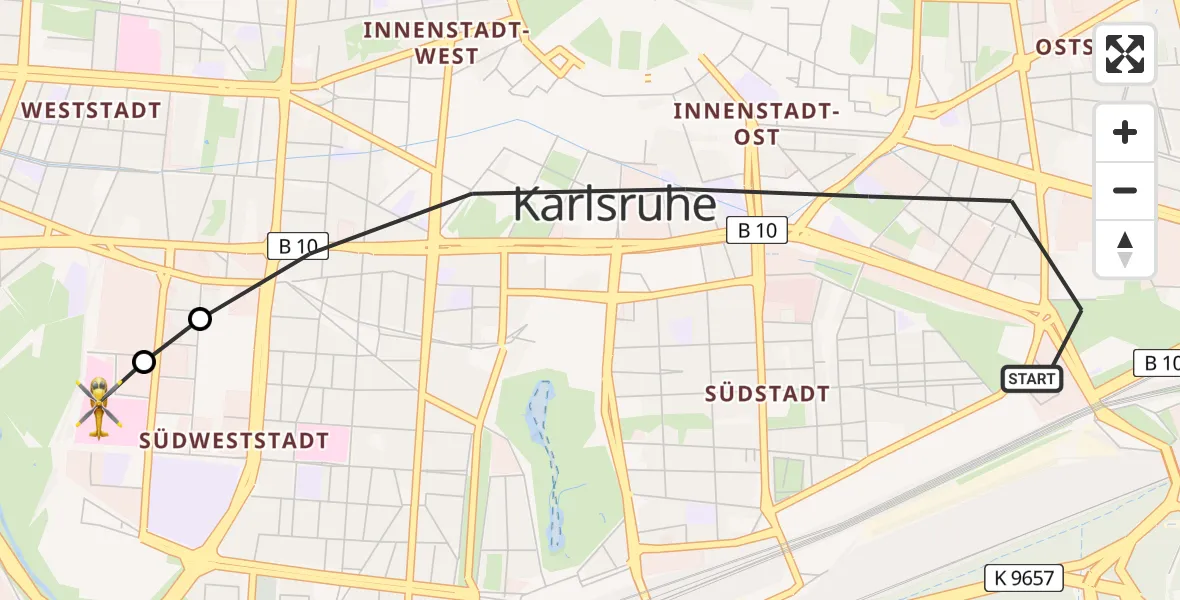 Flugroute Rettungshubschrauber Karlsruhe - Sankt Vincentius Hospital, 28 März 2026, 17:39