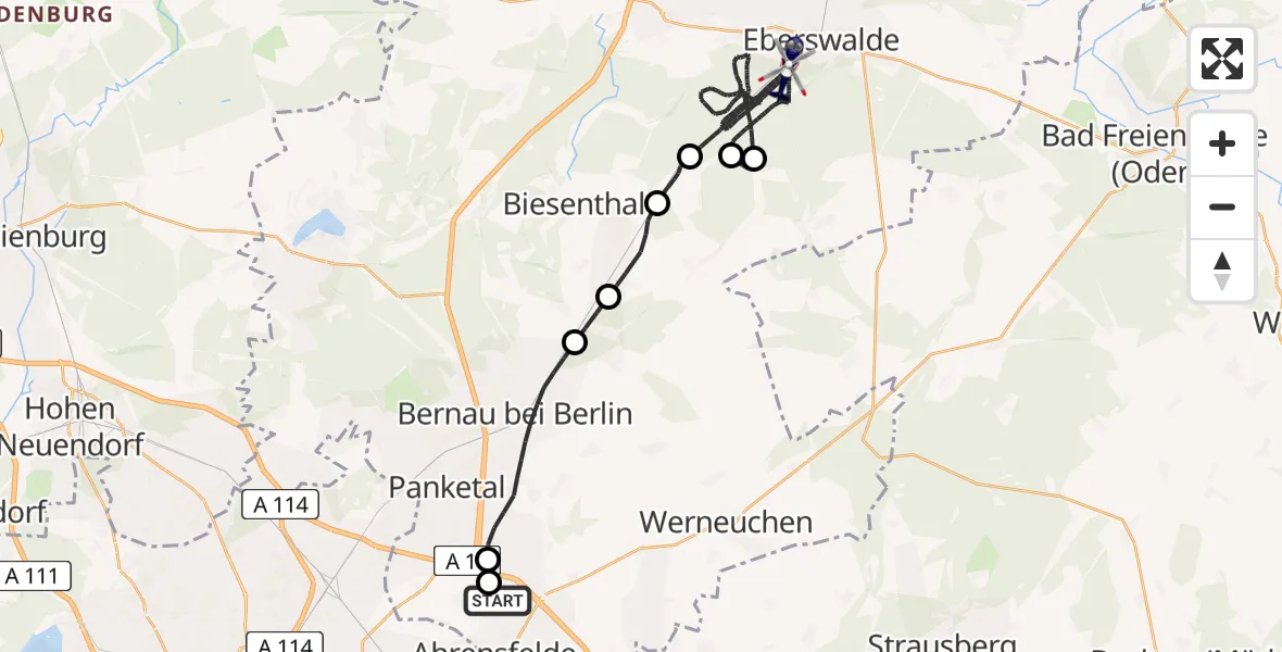 Flugroute Polizeihubschrauber Ahrensfelde Hubschrauberlandeplatz - Eberswalde, 28 März 2026, 17:46