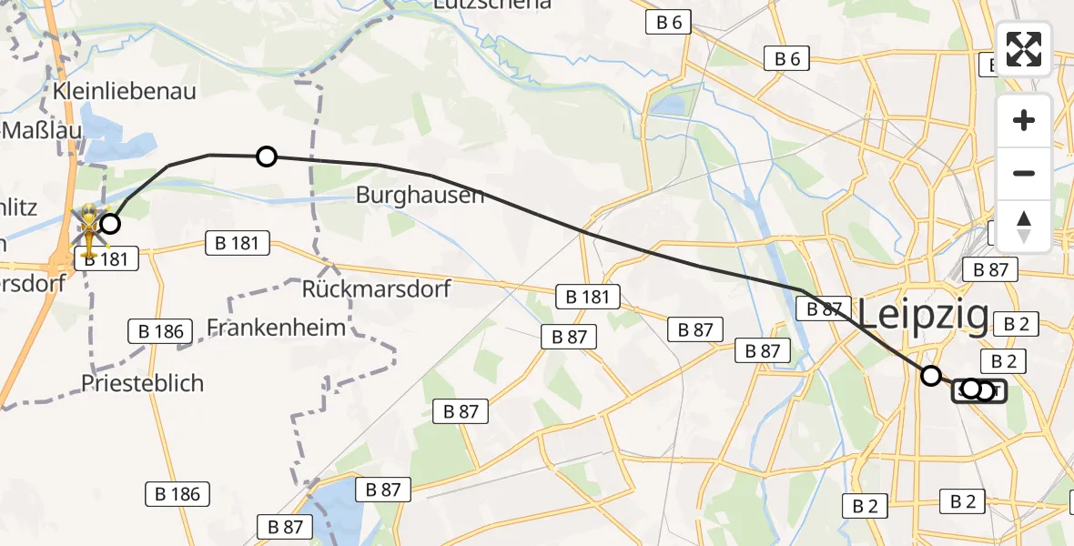 Flugroute Rettungshubschrauber Leipzig University Hospital Heliport 1 - ADAC Air Rescue Station Leipzig/Schkeuditz-Dölzig Hubschrauberlandeplatz (Christoph 61), 28 März 2026, 17:48