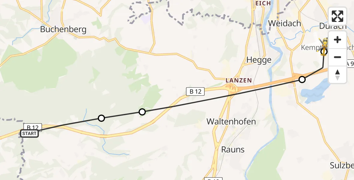 Flugroute Rettungshubschrauber Waltenhofen - Kempten-Durach Flugplatz, 28 März 2026, 17:56