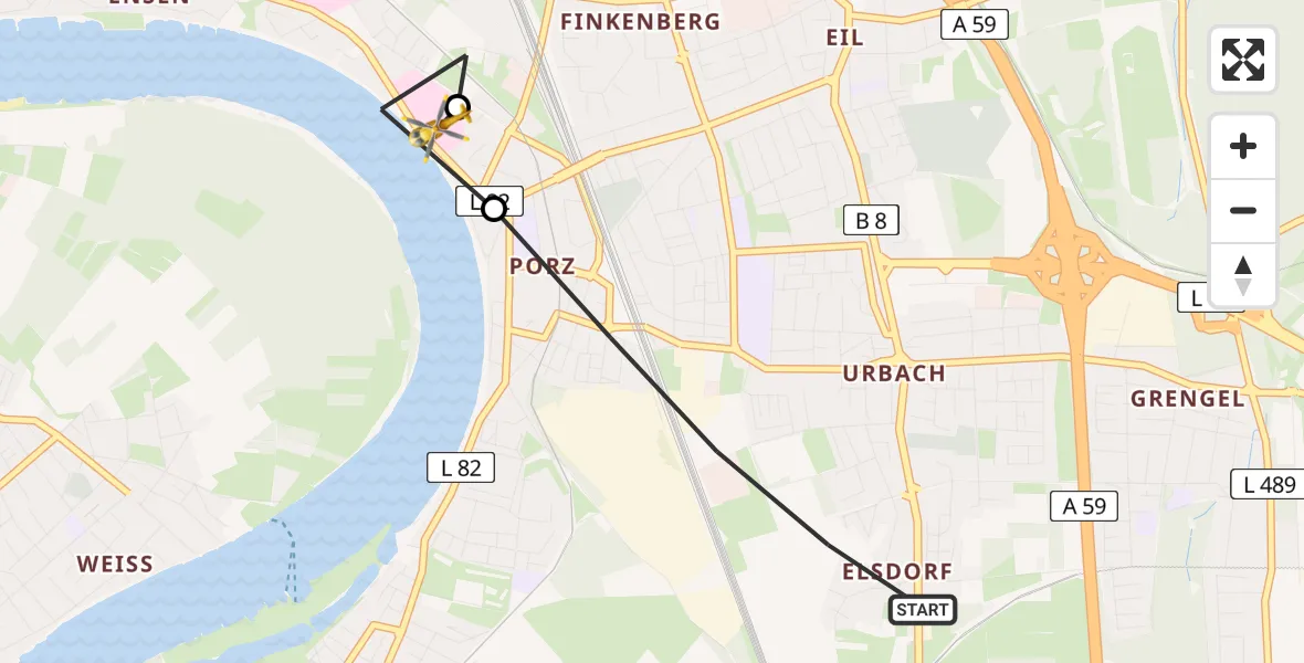 Flugroute Rettungshubschrauber Köln - Porz am Rhein Hospital, 28 März 2026, 18:02