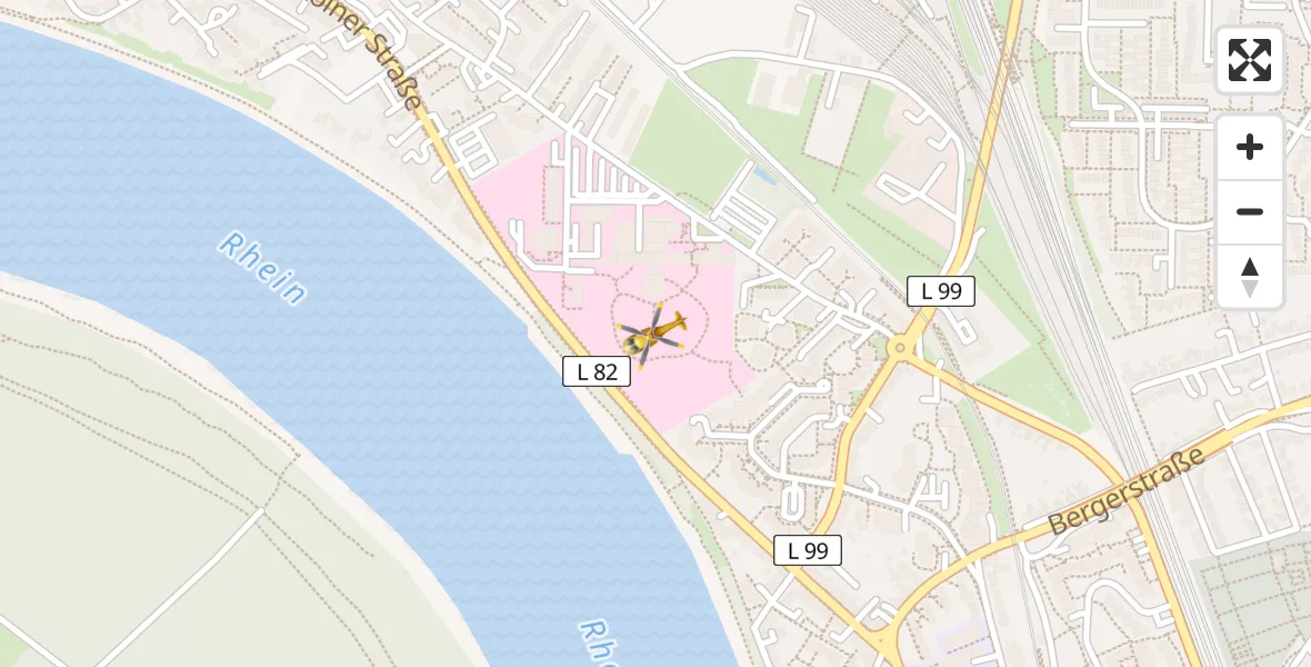 Flugroute Rettungshubschrauber Porz am Rhein Hospital - Porz am Rhein Hospital, 28 März 2026, 18:06