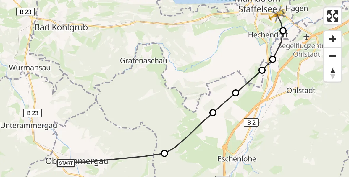 Flugroute Rettungshubschrauber Oberammergau - Murnau Accident Hospital, 28 März 2026, 18:11