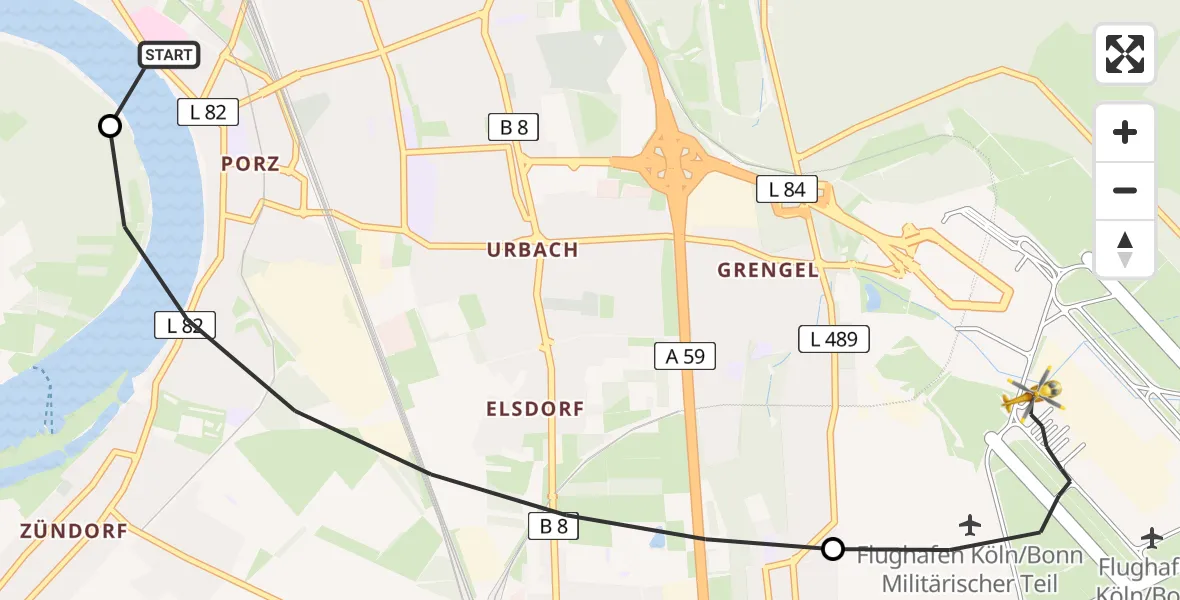 Flugroute Rettungshubschrauber Porz am Rhein Hospital - Köln Bonn Flughafen, 28 März 2026, 18:37
