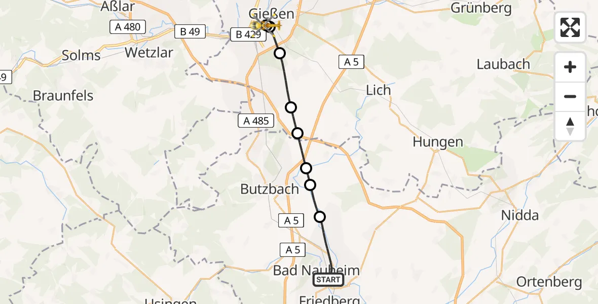 Routekaart van de vlucht: Rettungshubschrauber nach Gießen University Hospital