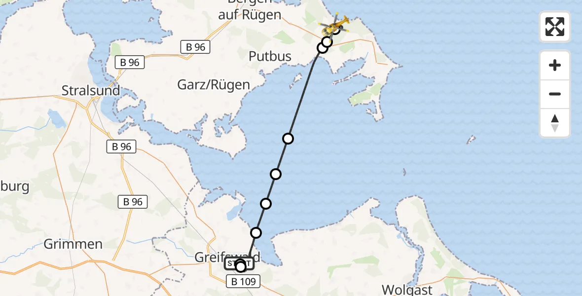 Flugroute Rettungshubschrauber Greifswald Hospital - Binz, 28 März 2026, 18:47