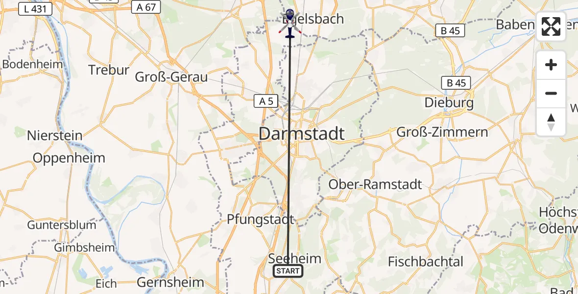 Flugroute Polizeihubschrauber Seeheim-Jugenheim - Flughafen Frankfurt-Egelsbach, 28 März 2026, 20:09
