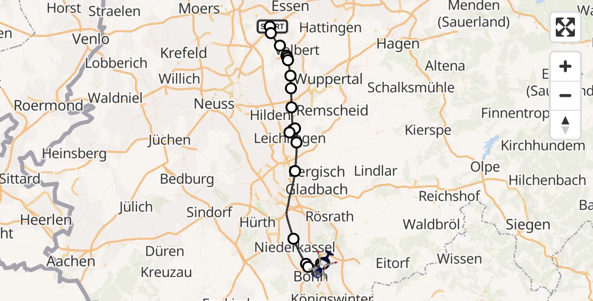 Flugroute Polizeihubschrauber Essen-Mülheim Flughafen - Sankt Augustin, 28 März 2026, 20:28