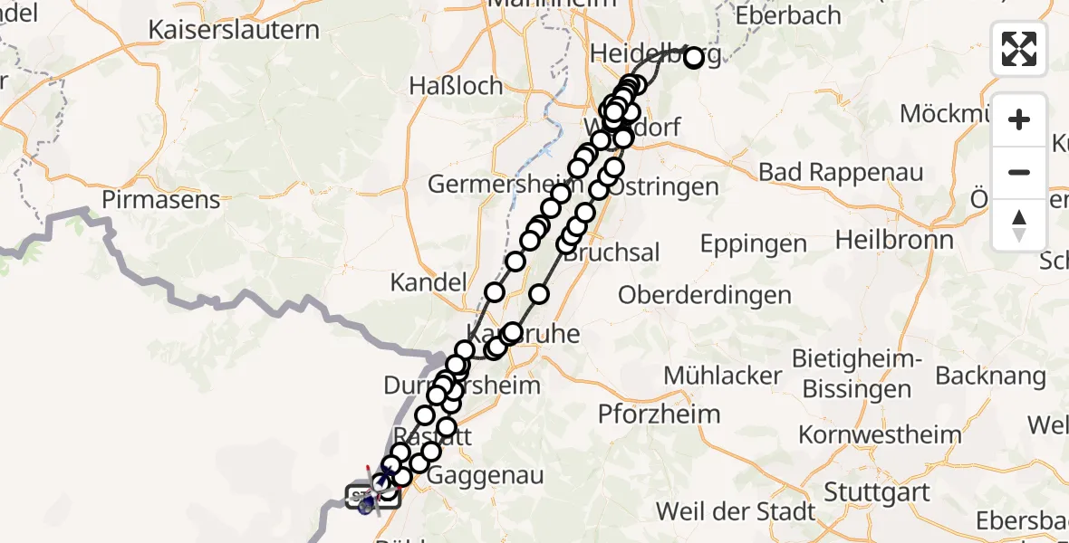Flugroute Polizeihubschrauber Karlsruhe Baden-Baden Flughafen - Karlsruhe Baden-Baden Flughafen, 28 März 2026, 20:46