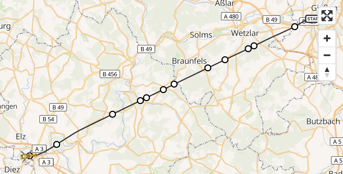 Flugroute Rettungshubschrauber Gießen - Saint Vincent Hospital Limburg, 28 März 2026, 21:36