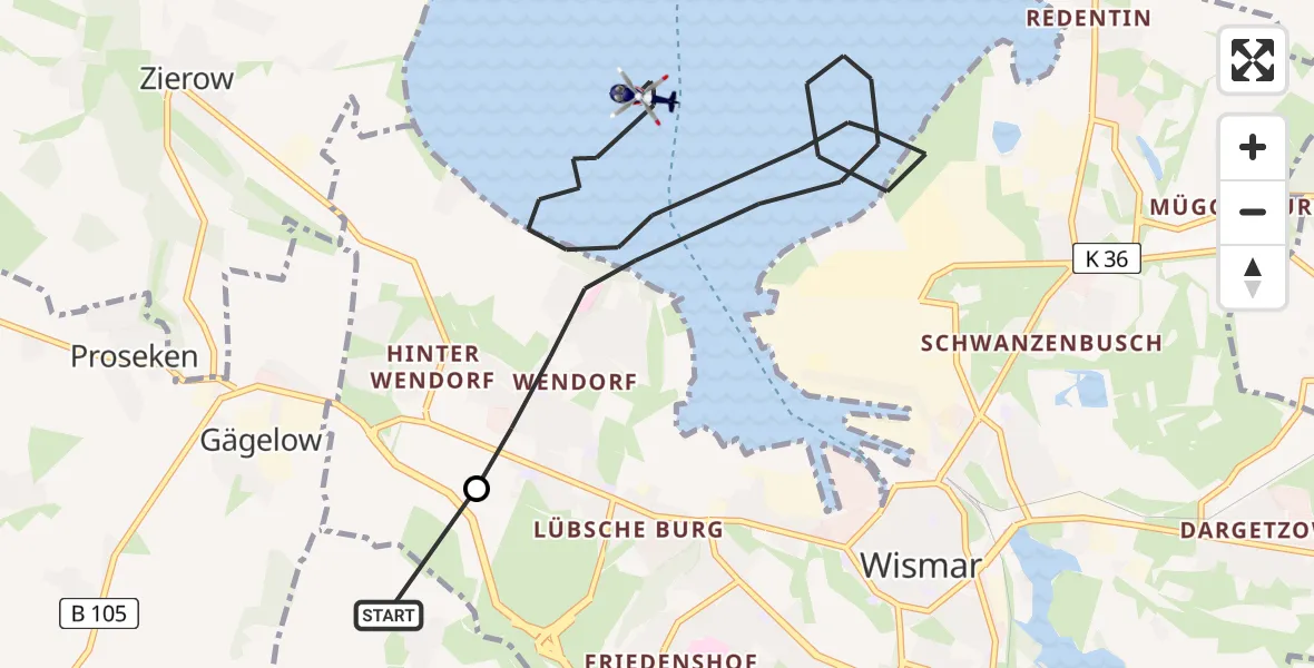 Routekaart van de vlucht: Polizeihubschrauber nach Wismar