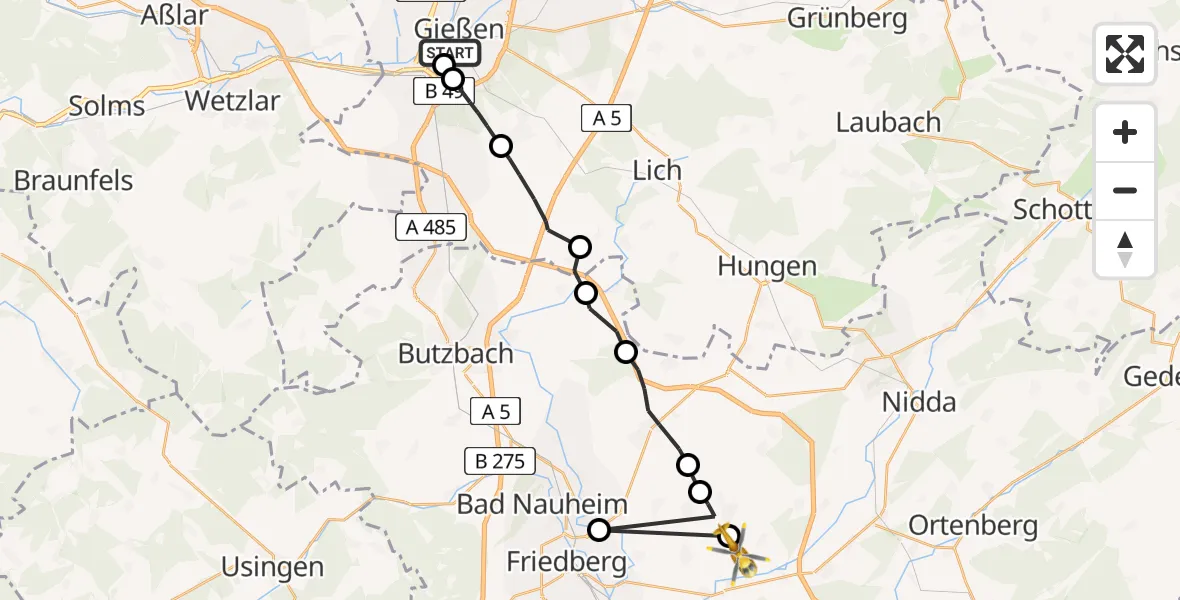 Flugroute Ambulanzhubschrauber Gießen University Hospital - Flugplatz Reichelsheim, 28 März 2026, 22:36