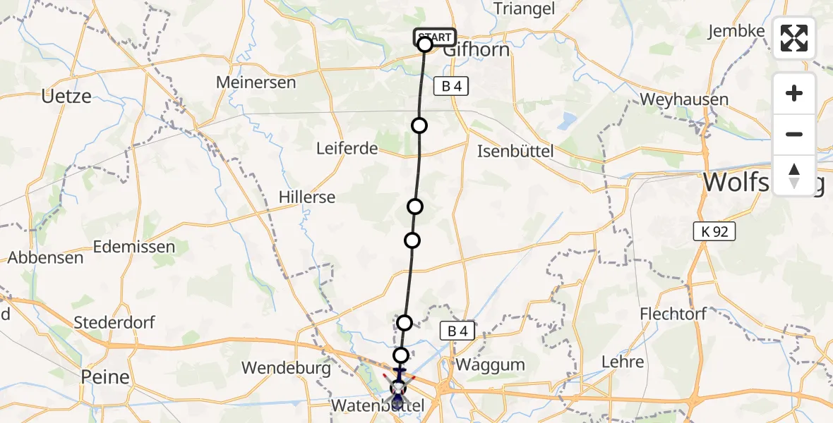 Flugroute Polizeihubschrauber Gifhorn Bundespolizei Hubschrauberlandeplatz - Braunschweig, 28 März 2026, 22:49