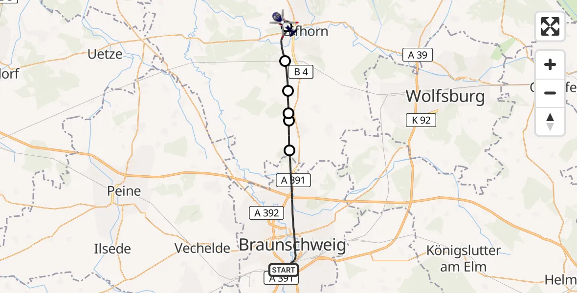 Routekaart van de vlucht: Polizeihubschrauber nach Gifhorn Bundespolizei Hubschrauberlandeplatz