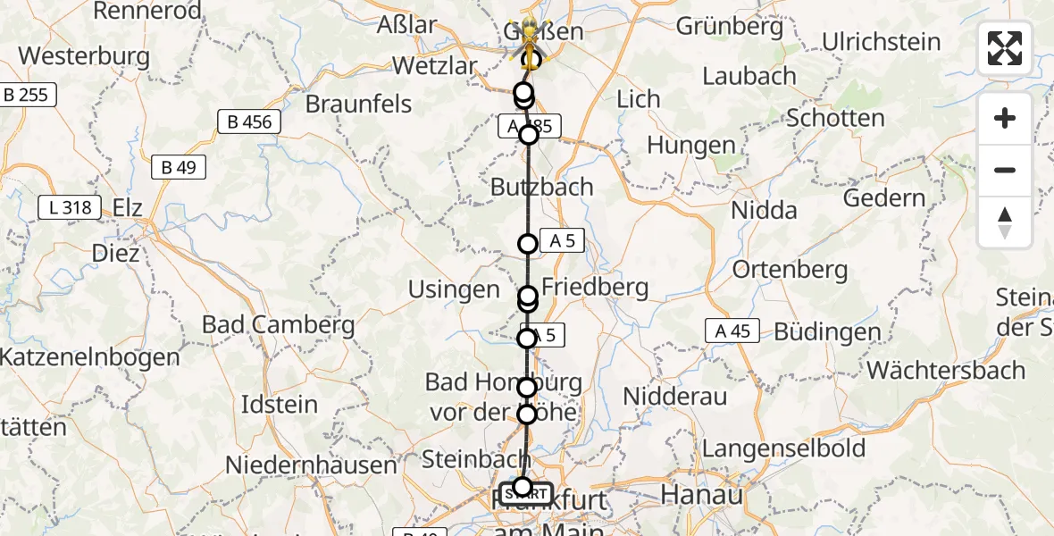 Routekaart van de vlucht: Rettungshubschrauber nach Gießen, Lahnstraße