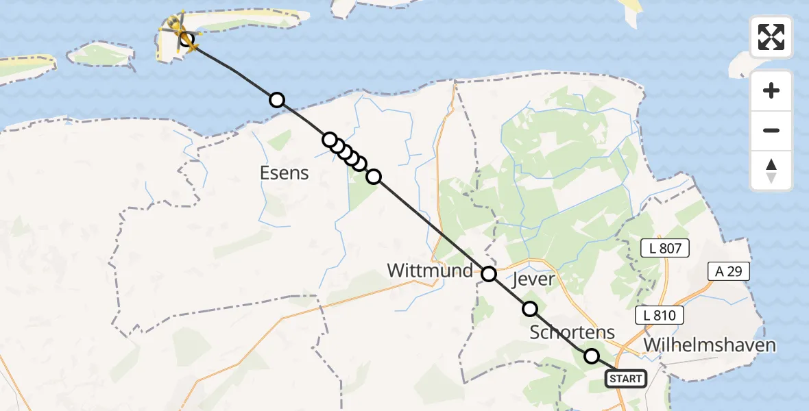Flugroute Rettungshubschrauber Sande - Langeoog Flughafen, 29 März 2026, 01:46