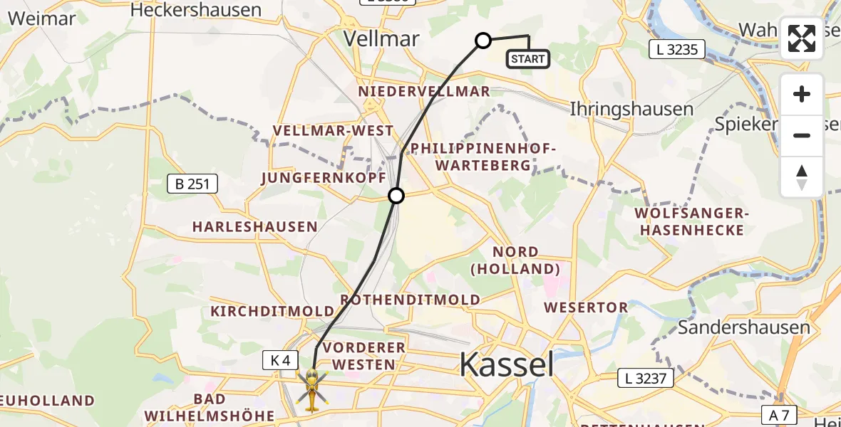 Flugroute Rettungshubschrauber Fuldatal Bundespolizei Hubschrauberlandeplatz - Kassel, 29 März 2026, 05:09